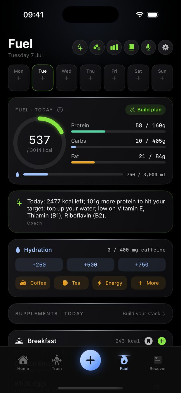 Real LIFT screenshot of the Fuel screen showing macro rings, coach note and hydration tracker