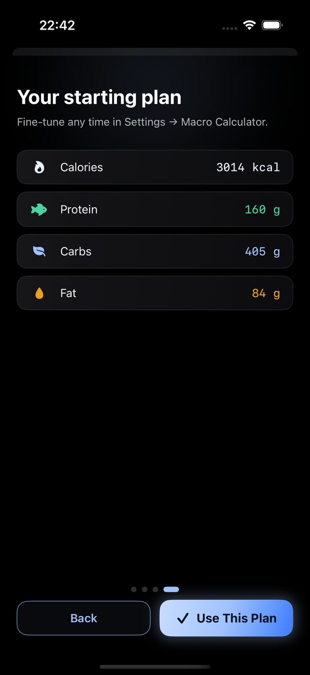 Real LIFT screenshot of a starting nutrition plan with calories, protein, carbs and fat targets