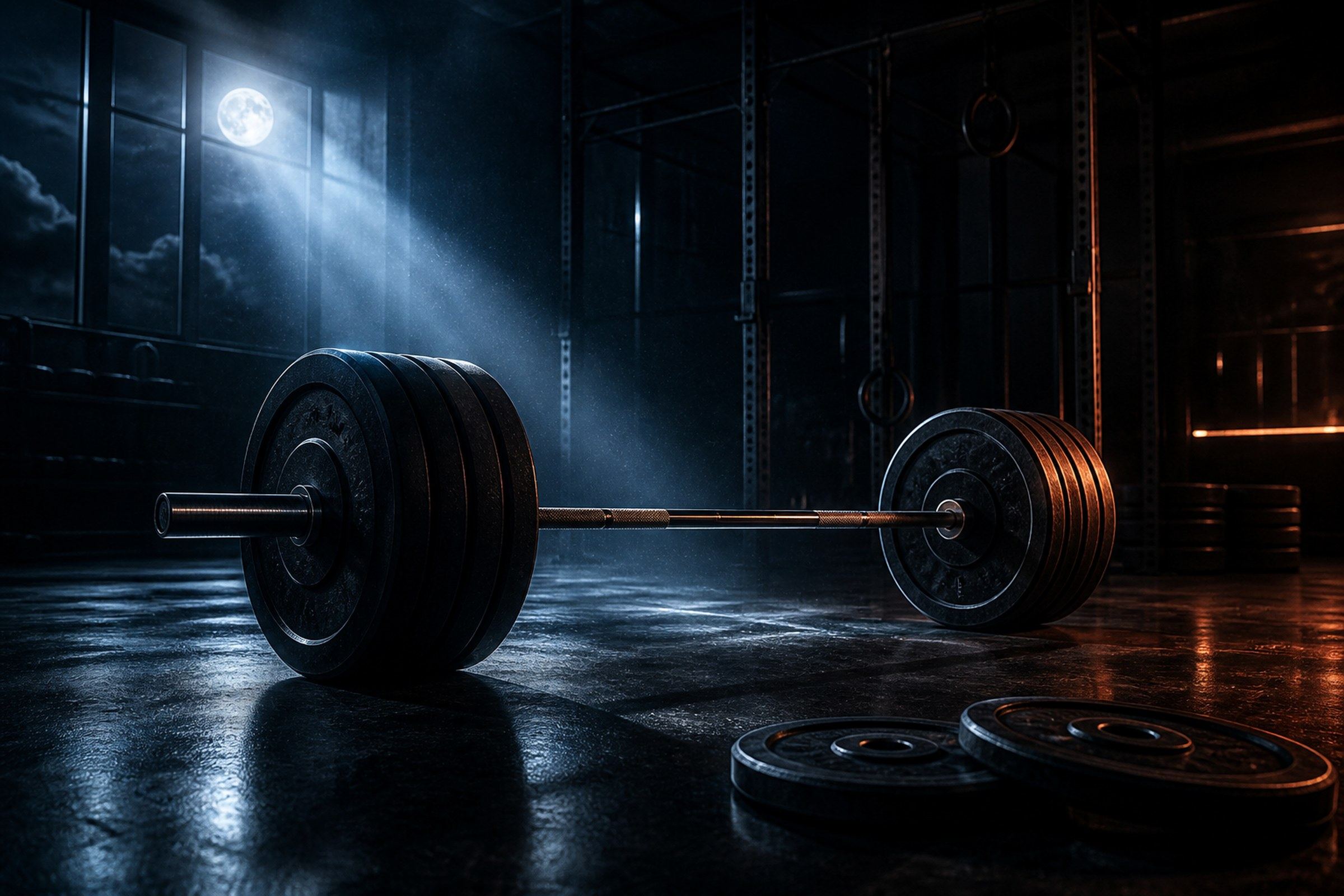 Loaded barbell on a dark gym floor under a shaft of moonlight